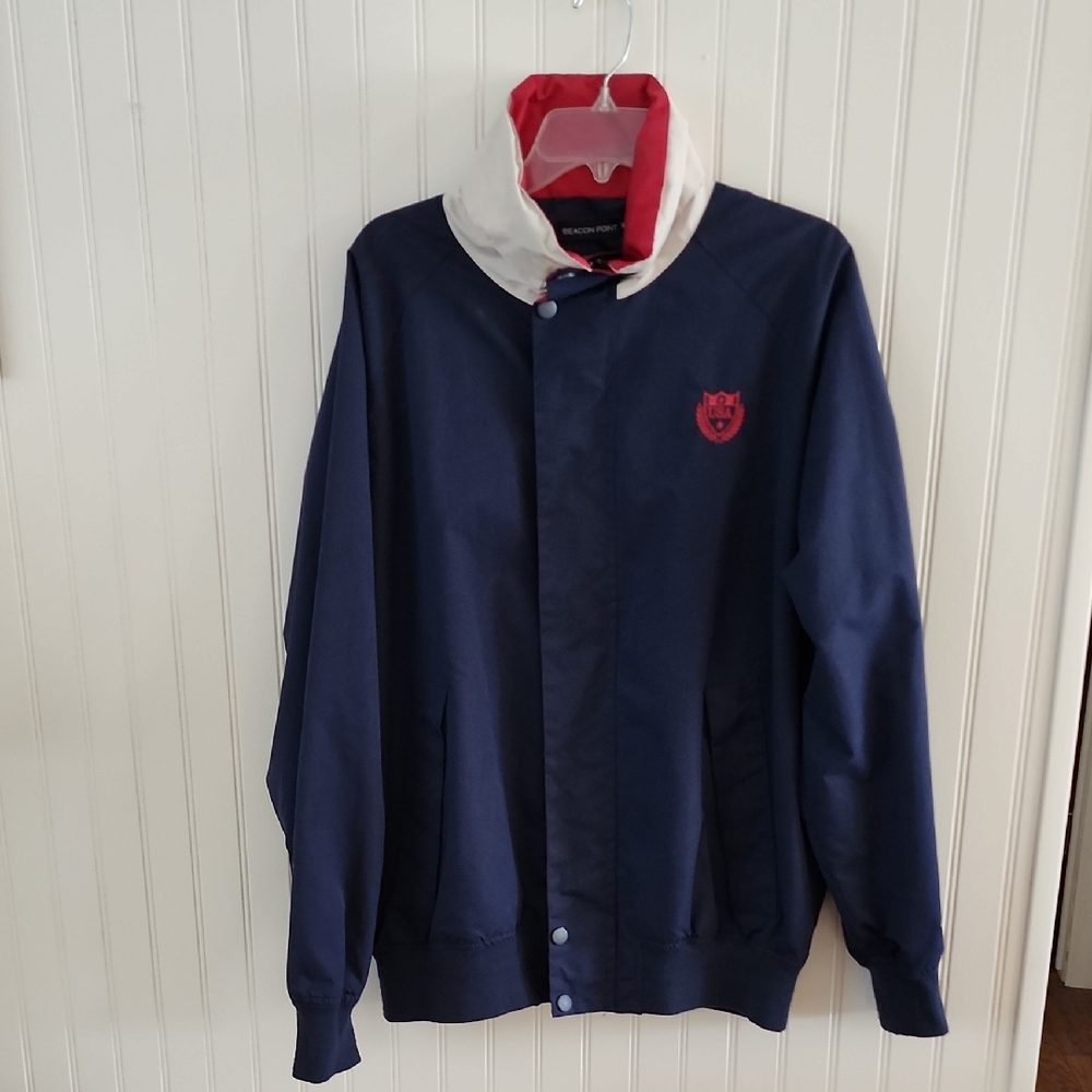 Navy Blue Men's Jacket with Red Accents